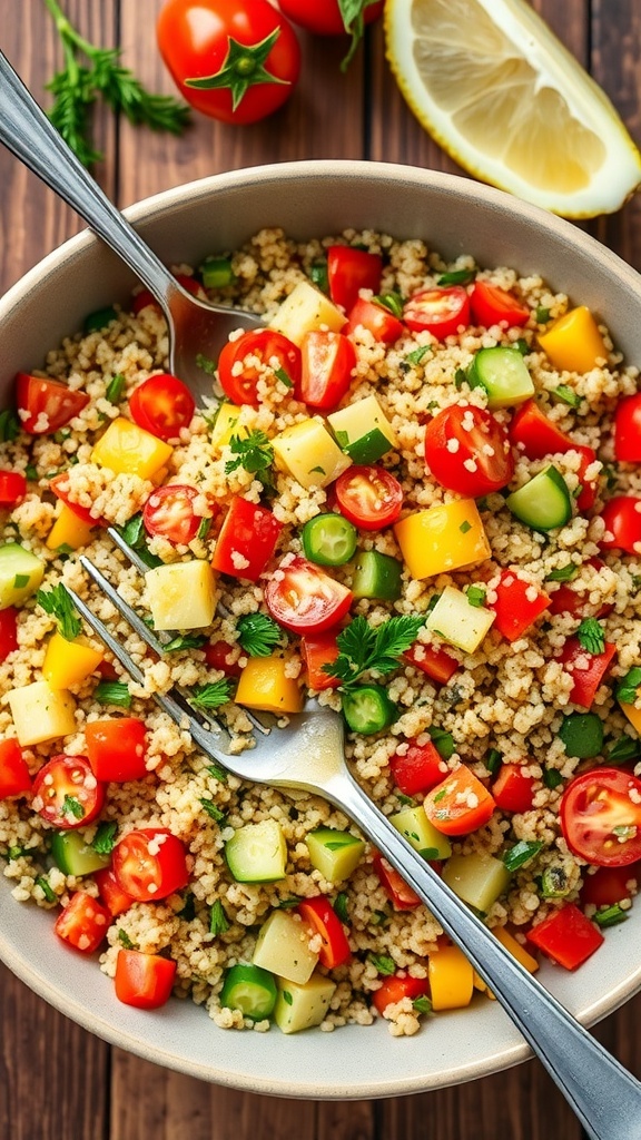 A colorful quinoa salad with vegetables like tomatoes, cucumbers, and bell peppers, garnished with parsley on a wooden table.